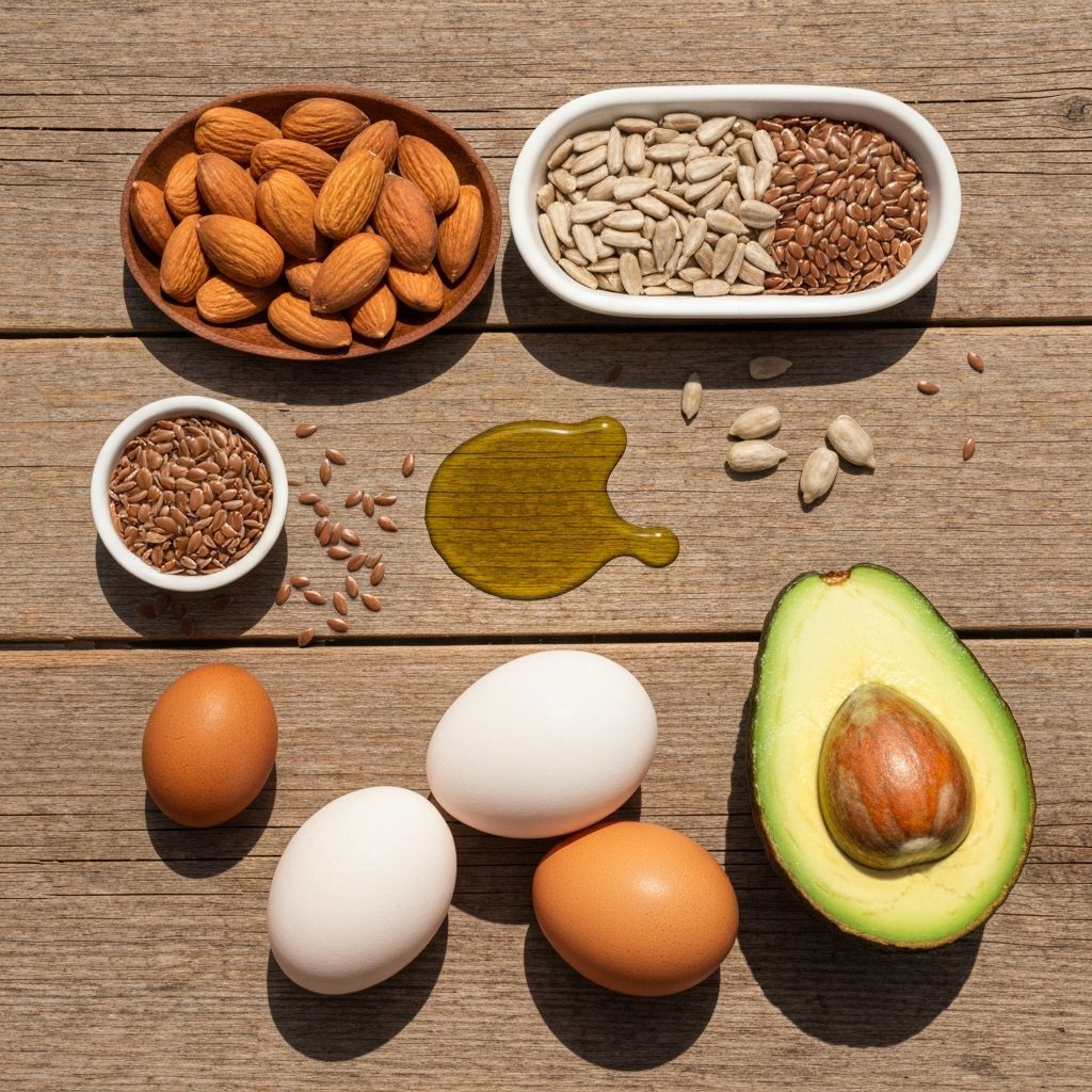 Nuts, seeds, eggs, and olive oil on natural surface