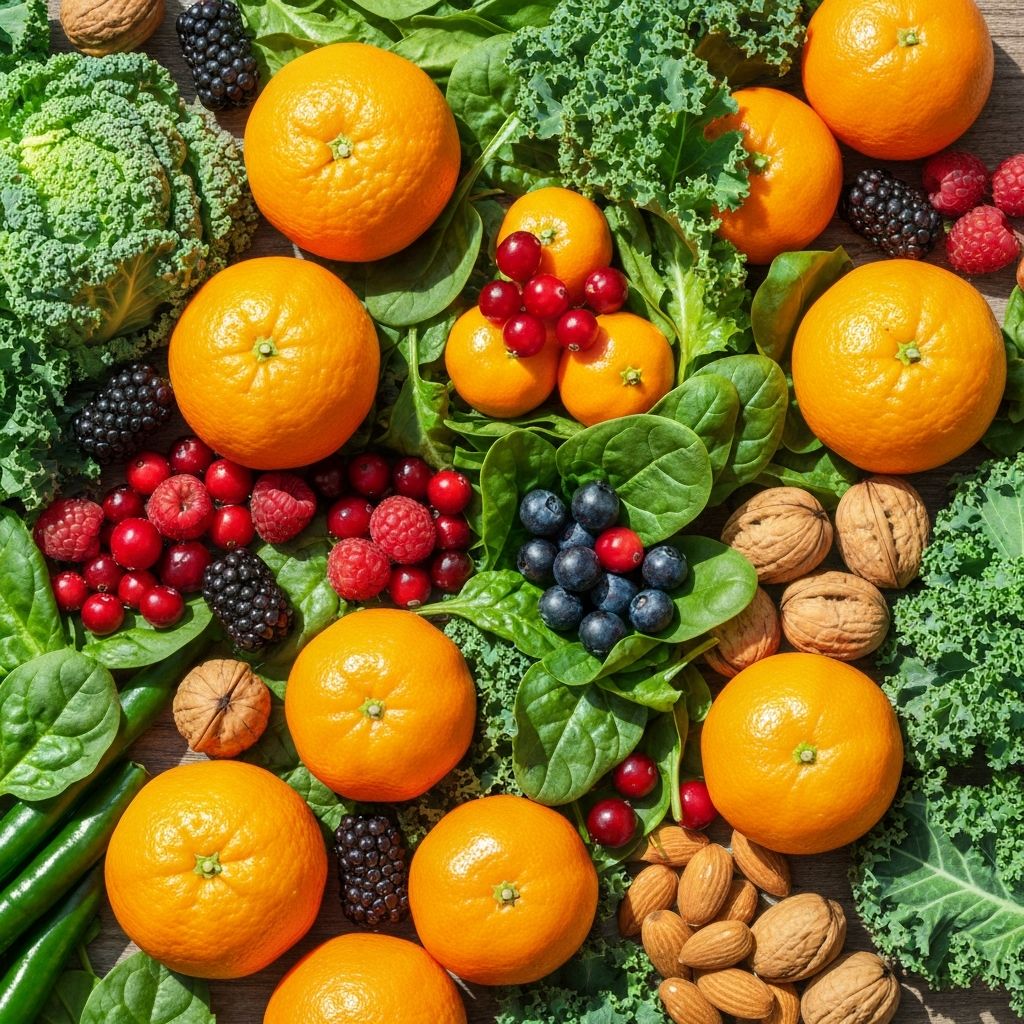 Colorful natural vitamin sources including vegetables and fruits